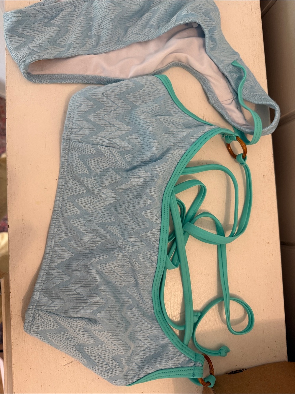 Light Blue Textured Swim Bikini Top with Teal Trim